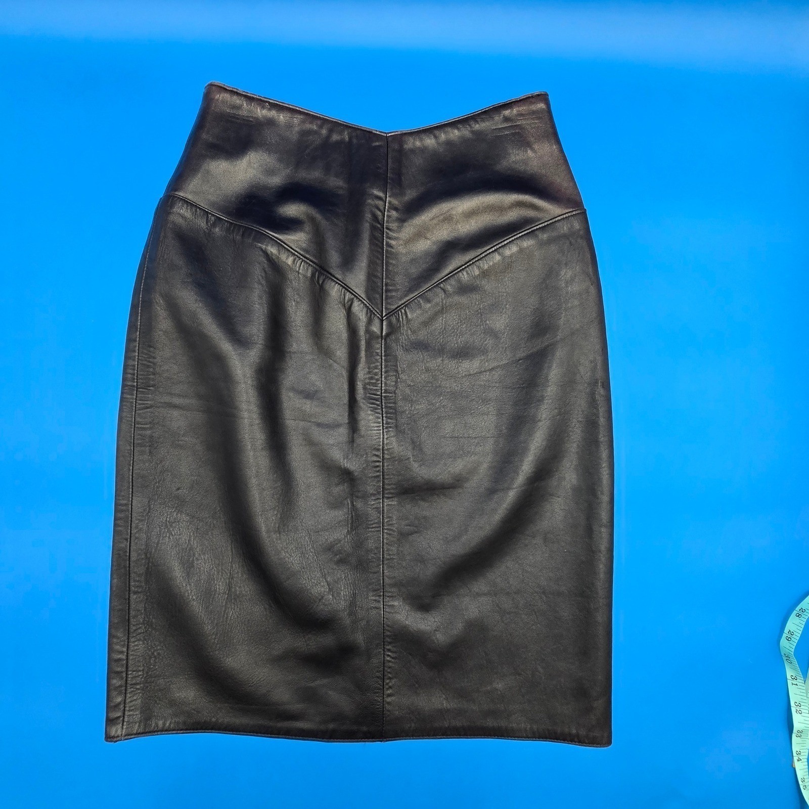Georgetown Leather Design Vintage Black Leather V-Yoke Pencil Skirt 14 fits 6