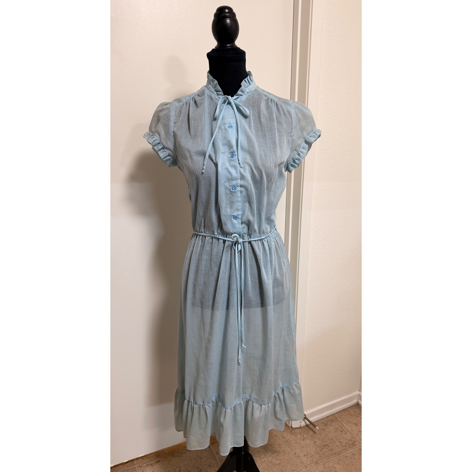 Vintage New Raves Blue Polka Dot Midi Dress Cottagecore Ruffle Tie Neck Small