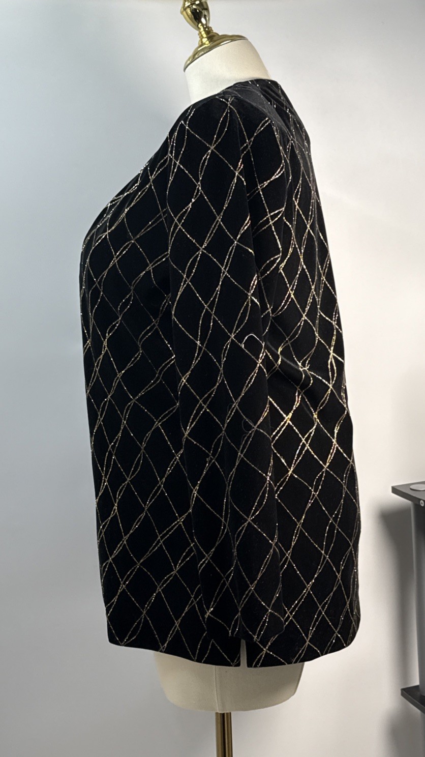 J.B.S. LTD. Size 12 Vintage Velvet Metallic Grid Open Front Jacket Black/Gold
