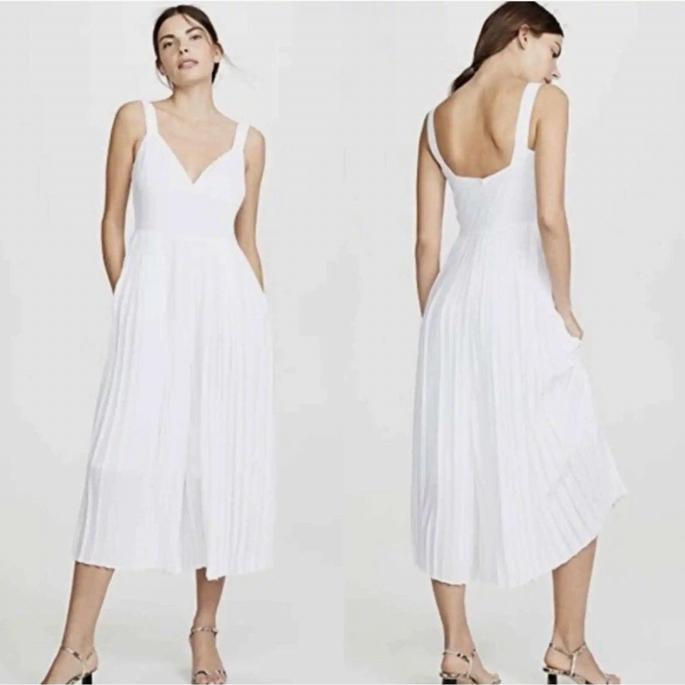 Vince White Pleated V-Neck Midi Jumpsuit Size 6 Sleeveless Sunray Pleat Cocktail