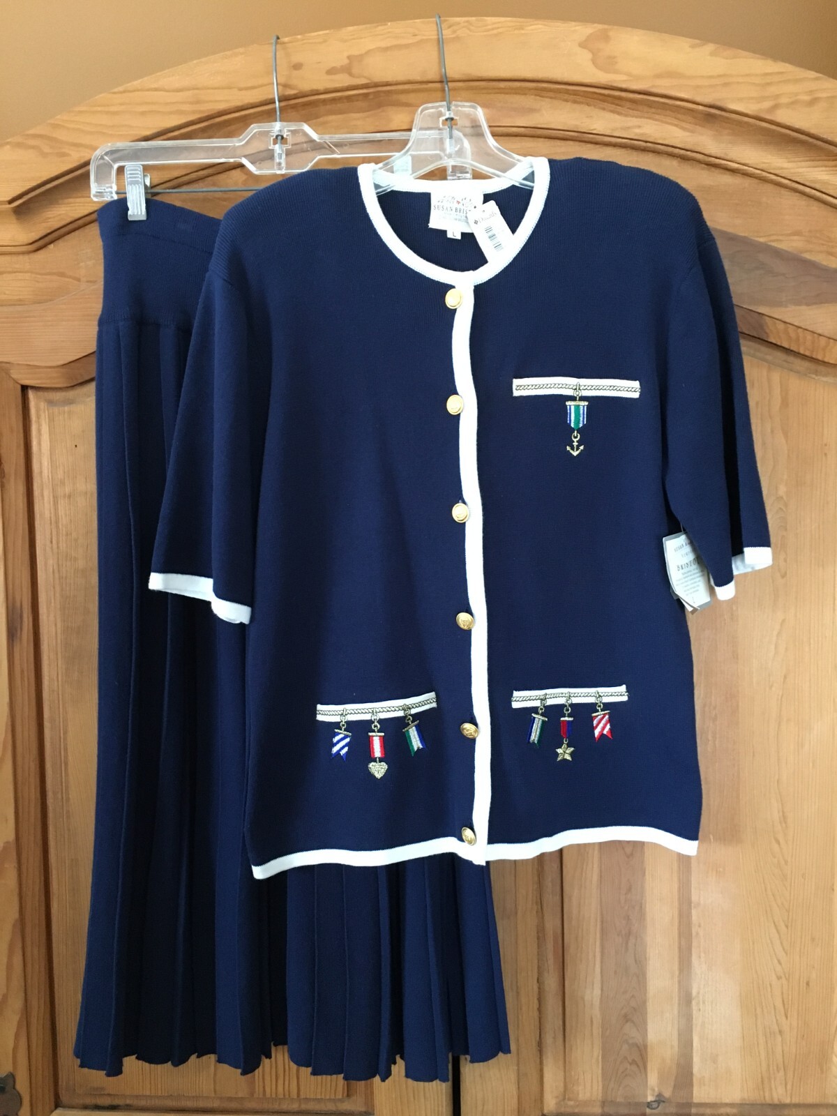 Vtg 1992 Susan Bristol Set Navy Blue Pleated Skirt & Button Top Knit Sweater Top