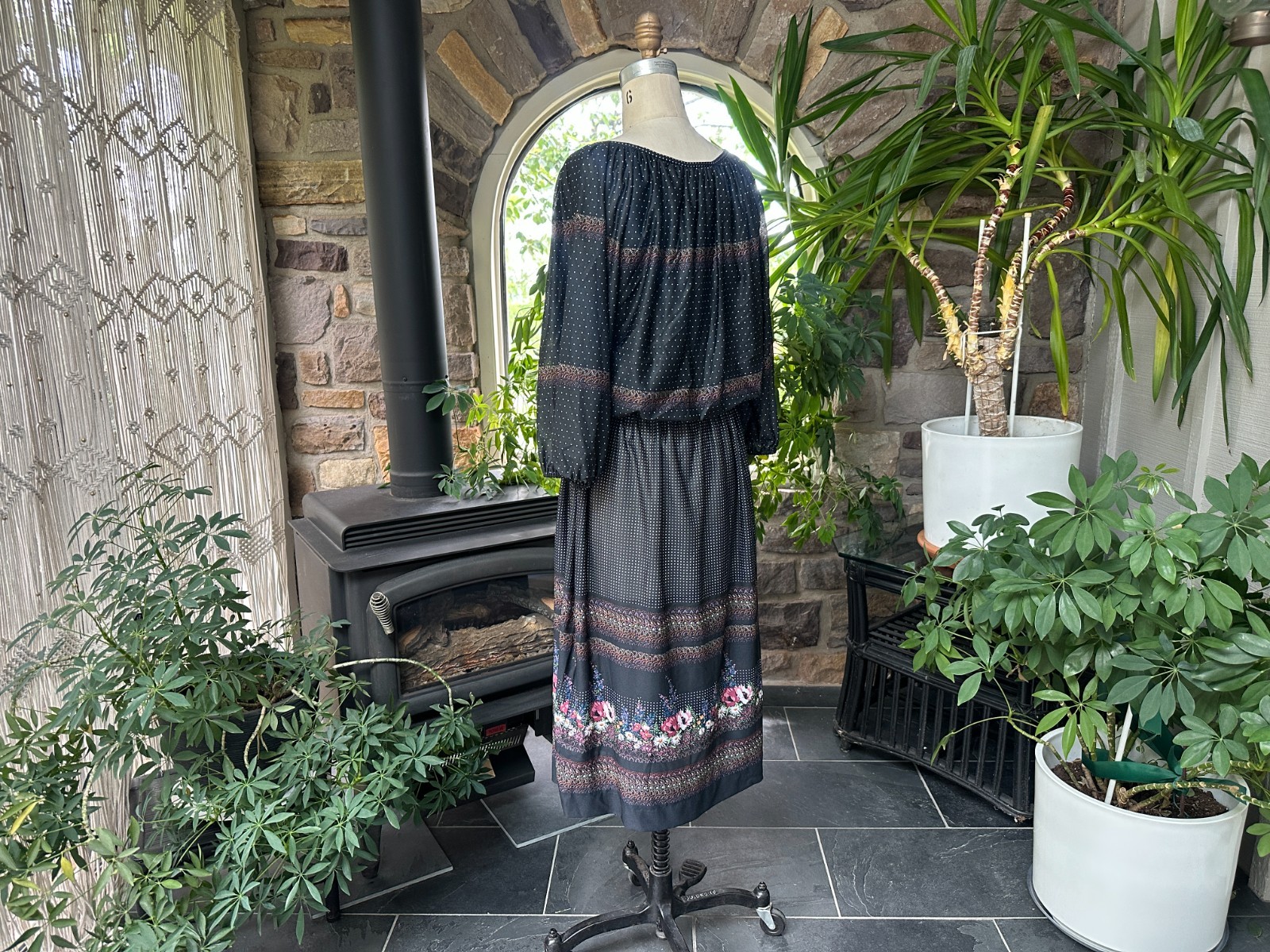 Vintage 1970s Black Floral and Polka Dot Knit Dress Liz Roberts Inc