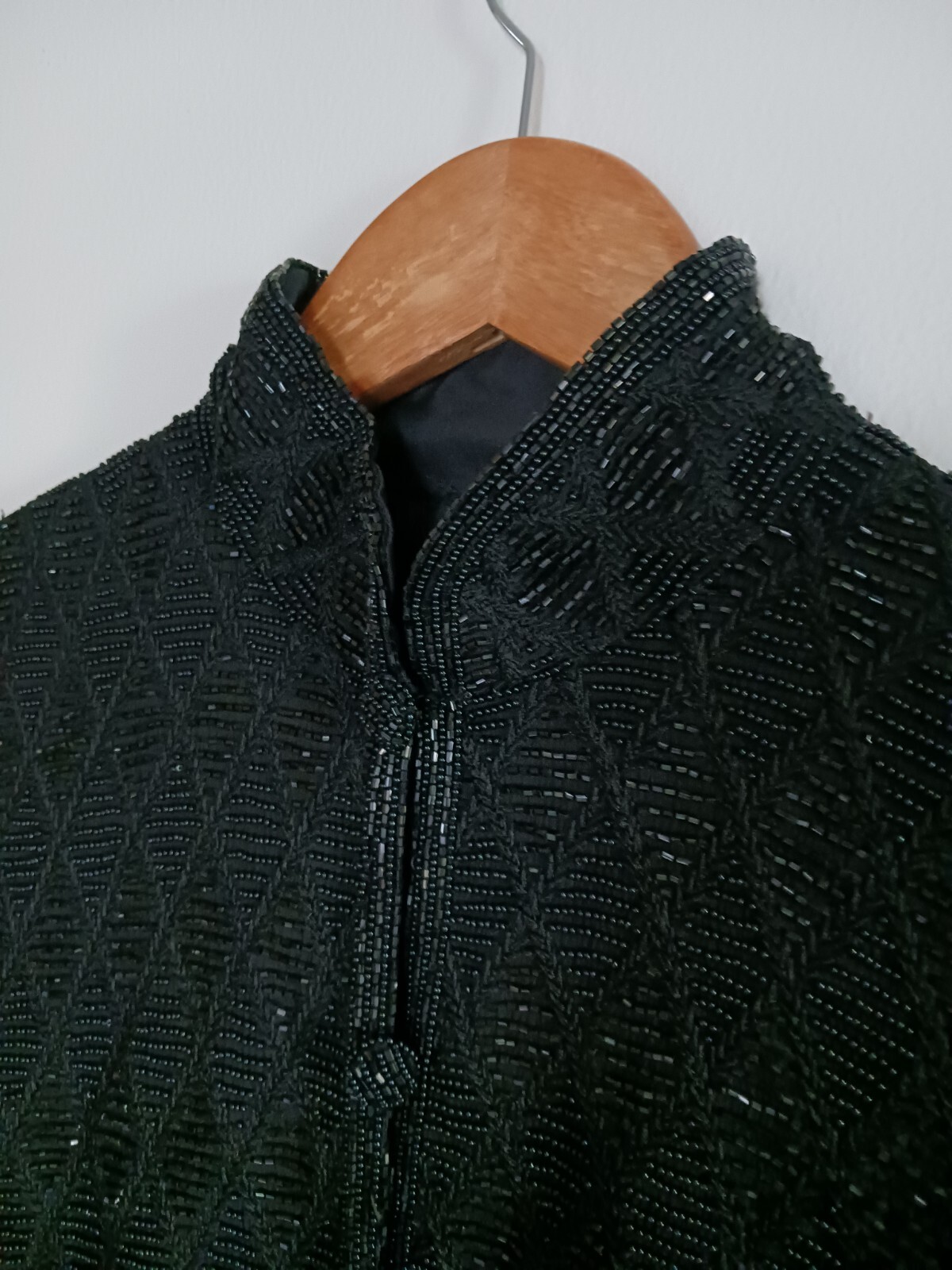 VTG Black Beaded Jacket Embroidered Diamond Pattern High Quality Small
