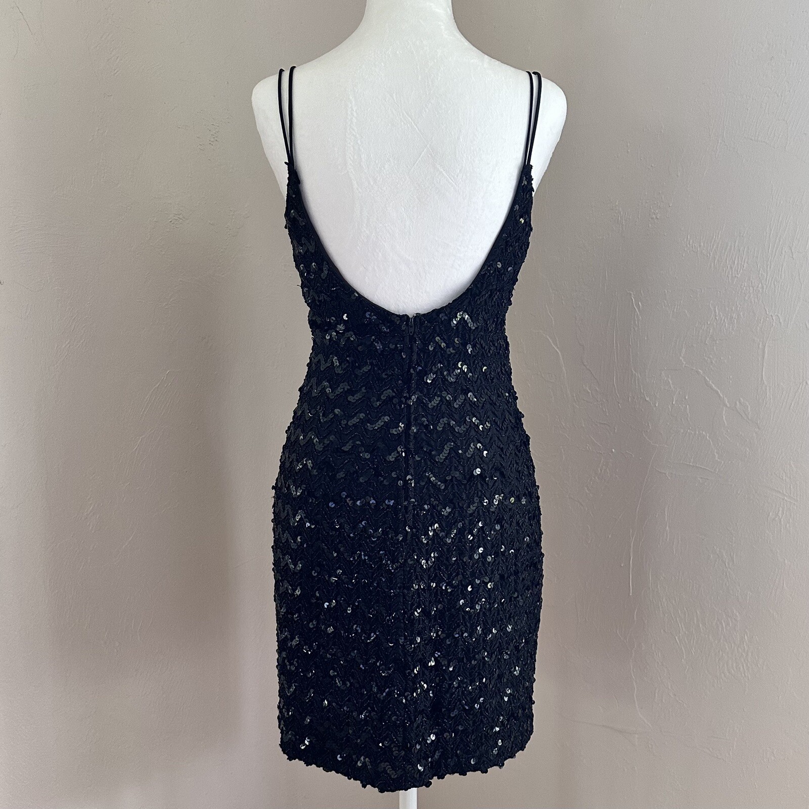 Vintage 1960s Low Back Sequin Black Mini Dress w/ Double Spaghetti Straps