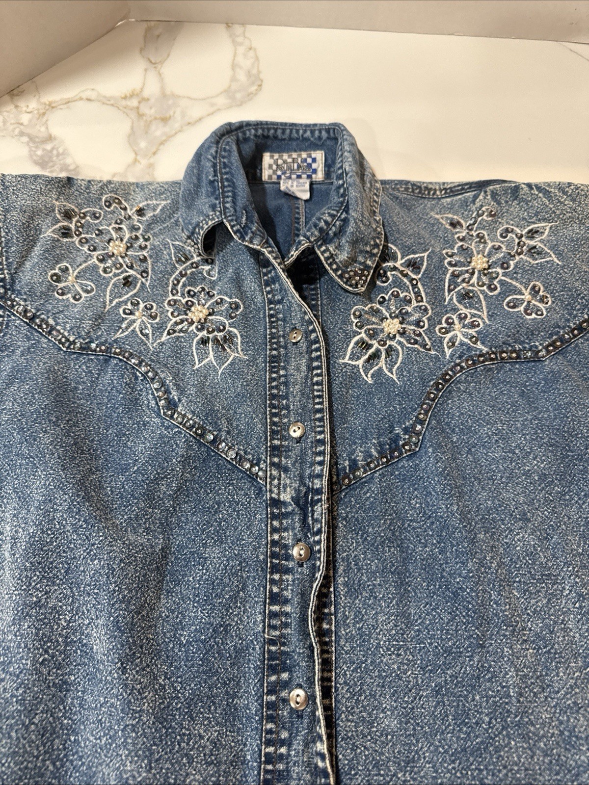 VTG Pretty Bleu Womans Floral Embellished AcidDenim WashWestern RetroTop M
