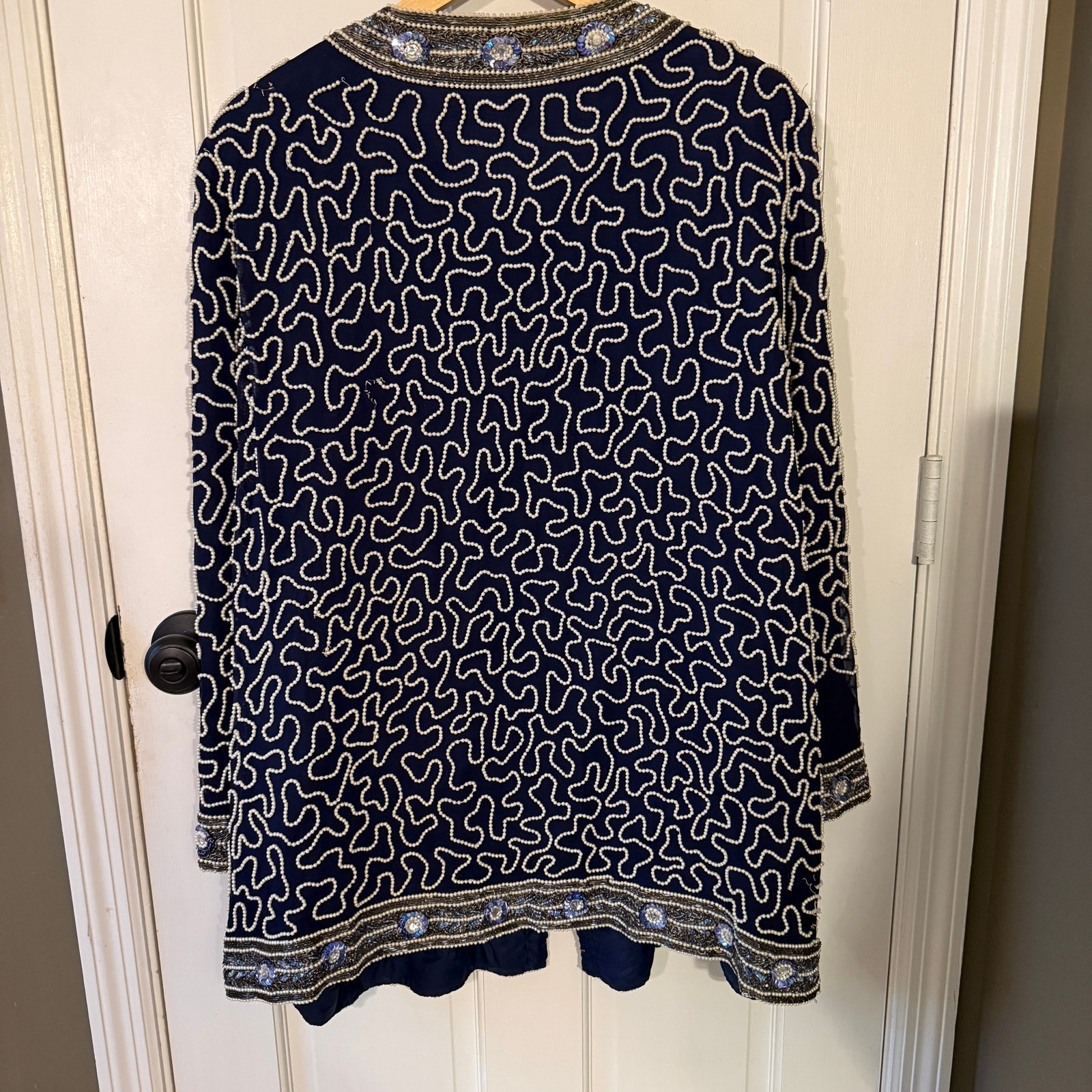 Vintage Stenay Sequin Navy Cocktail Jacket Beaded Pearl XL Long Sleeve