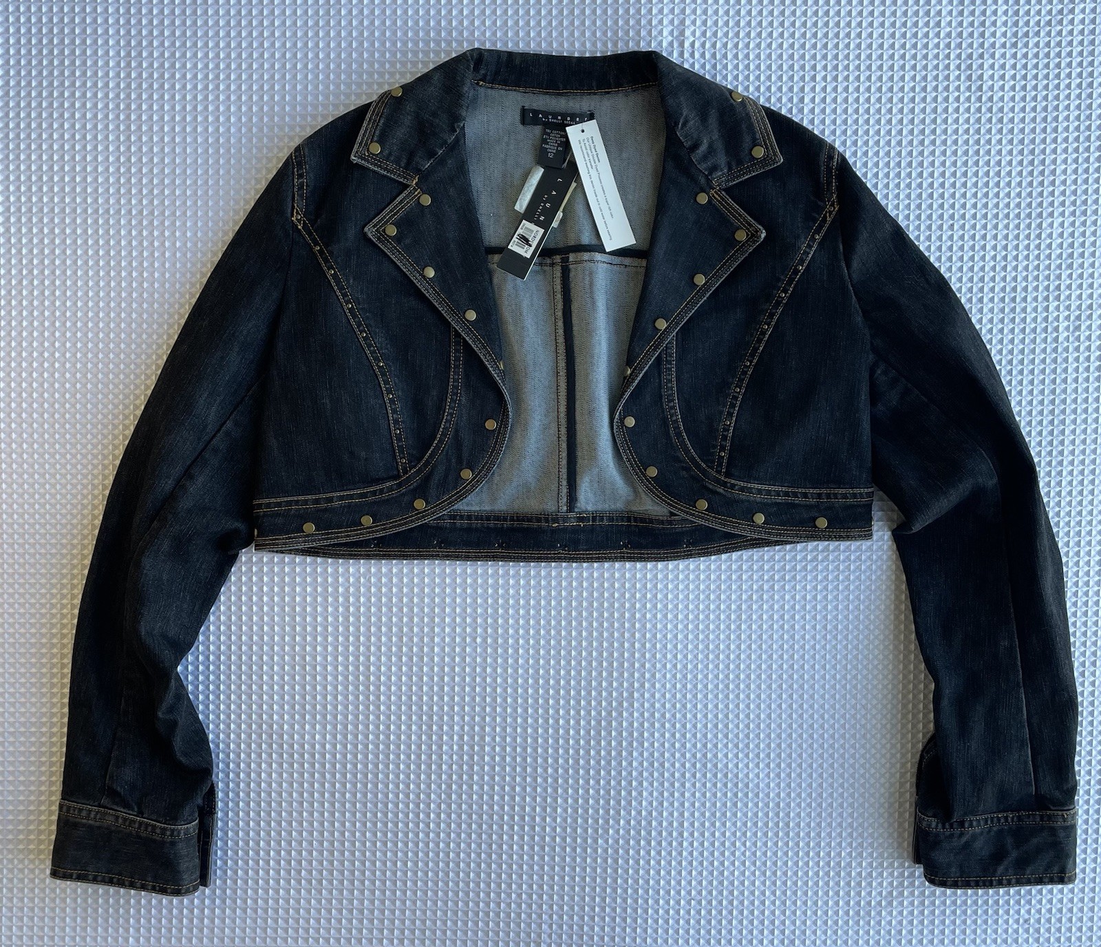 Laundry by Shelli Segal Cropped Denim Jacket Studded Moto Bolero Y2K Size 12
