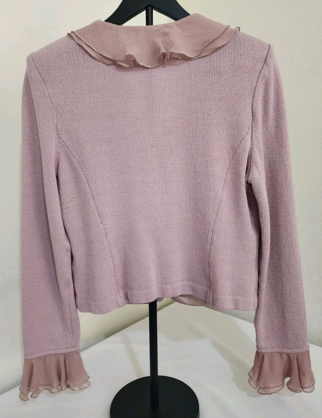 Vintage St John Evening By Marie Gray Pink Knit Ruffle Cardigan Jacket Sz 8 USA