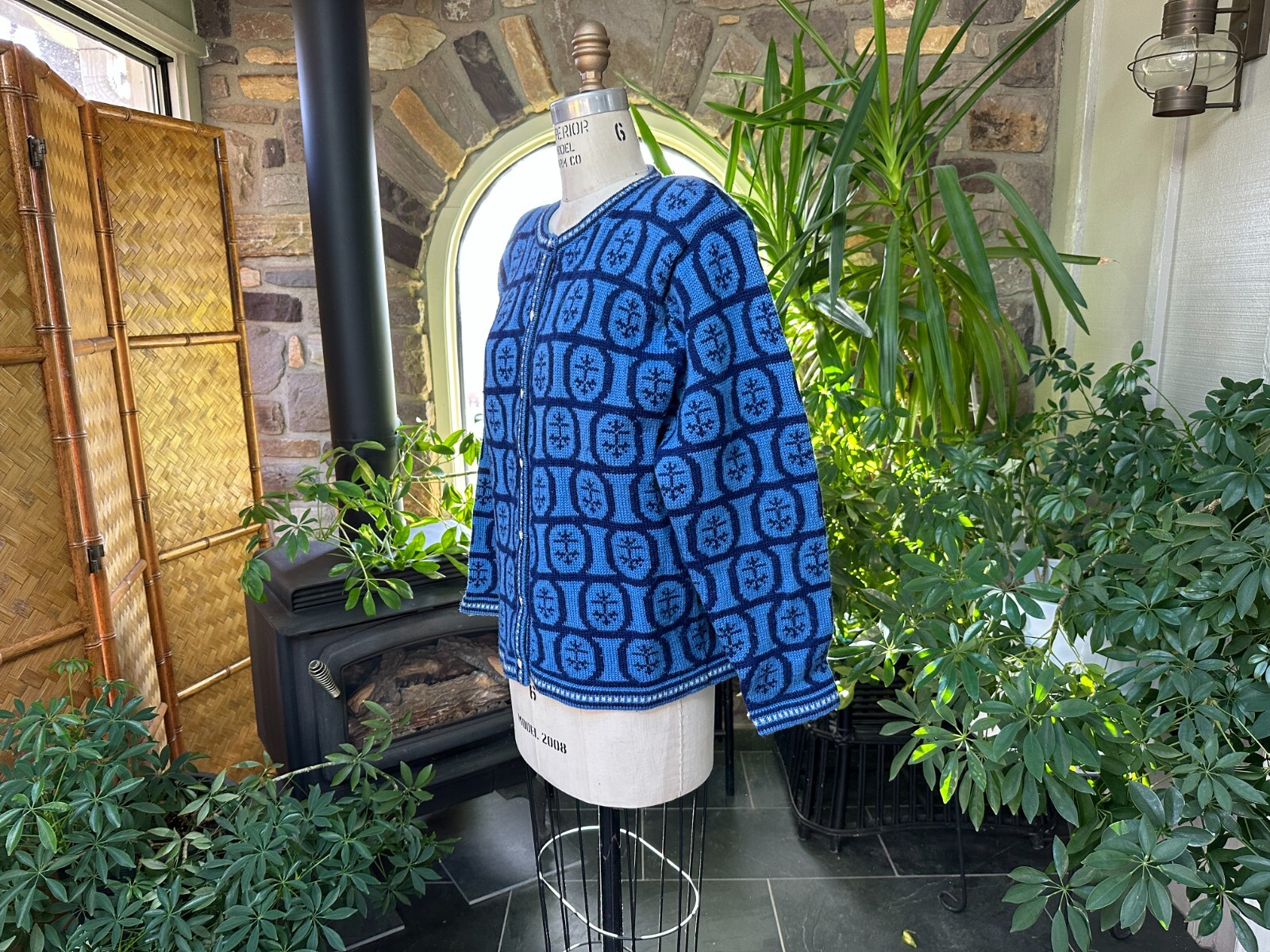 Vintage 1980s 2 Tone Blue Wool Cardigan Sweater with Shoulder Pads J Christopher