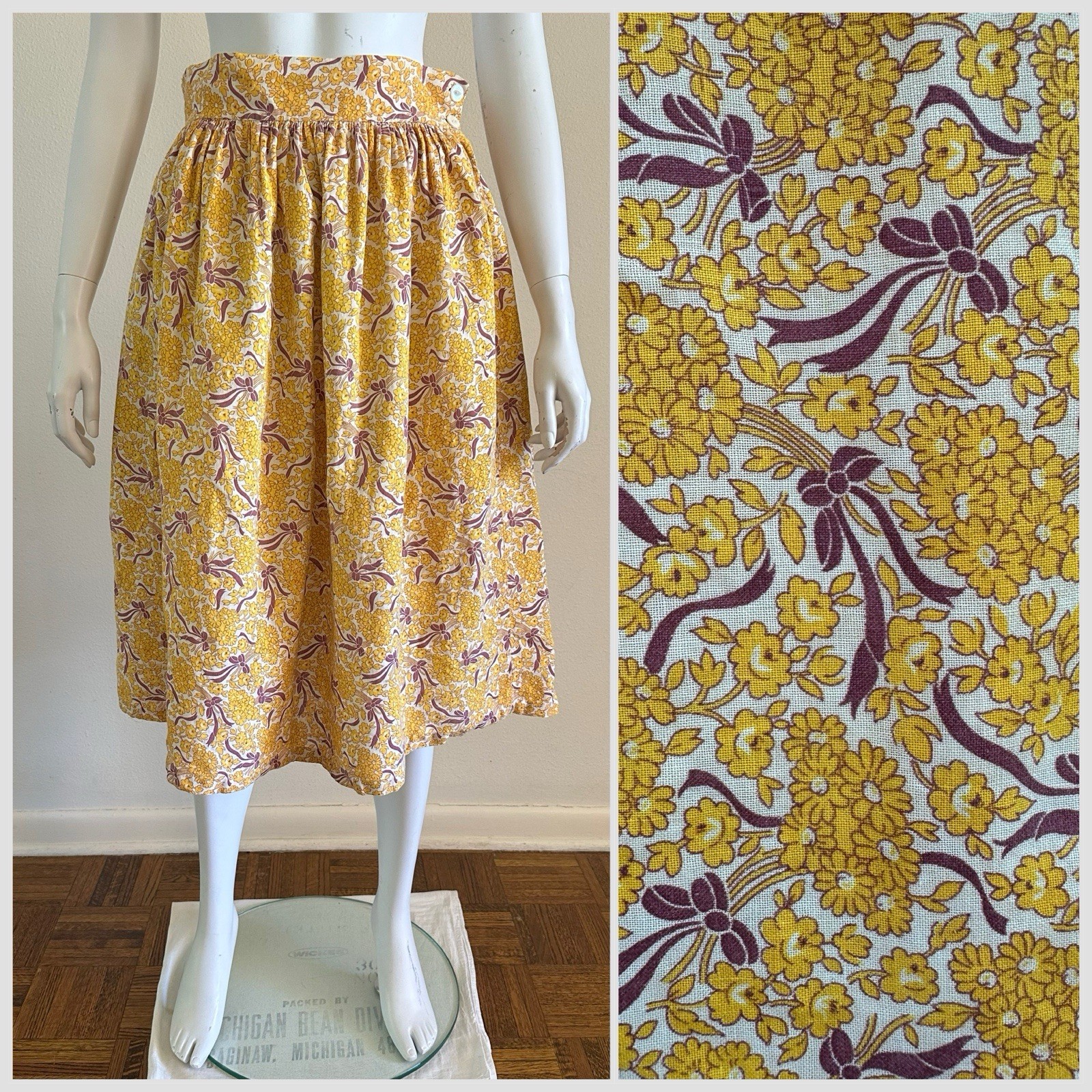 1930s 40s Feed Sack Skirt 28” Waist Yellow Floral Bows Fabric Cotton Prairie VTG