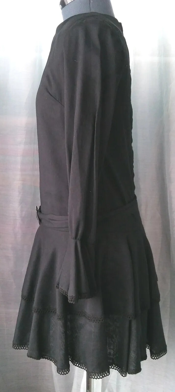 Vintage Carlette Black Drop Waist Dress with Trim & Belt 36″ Bust Size SM?