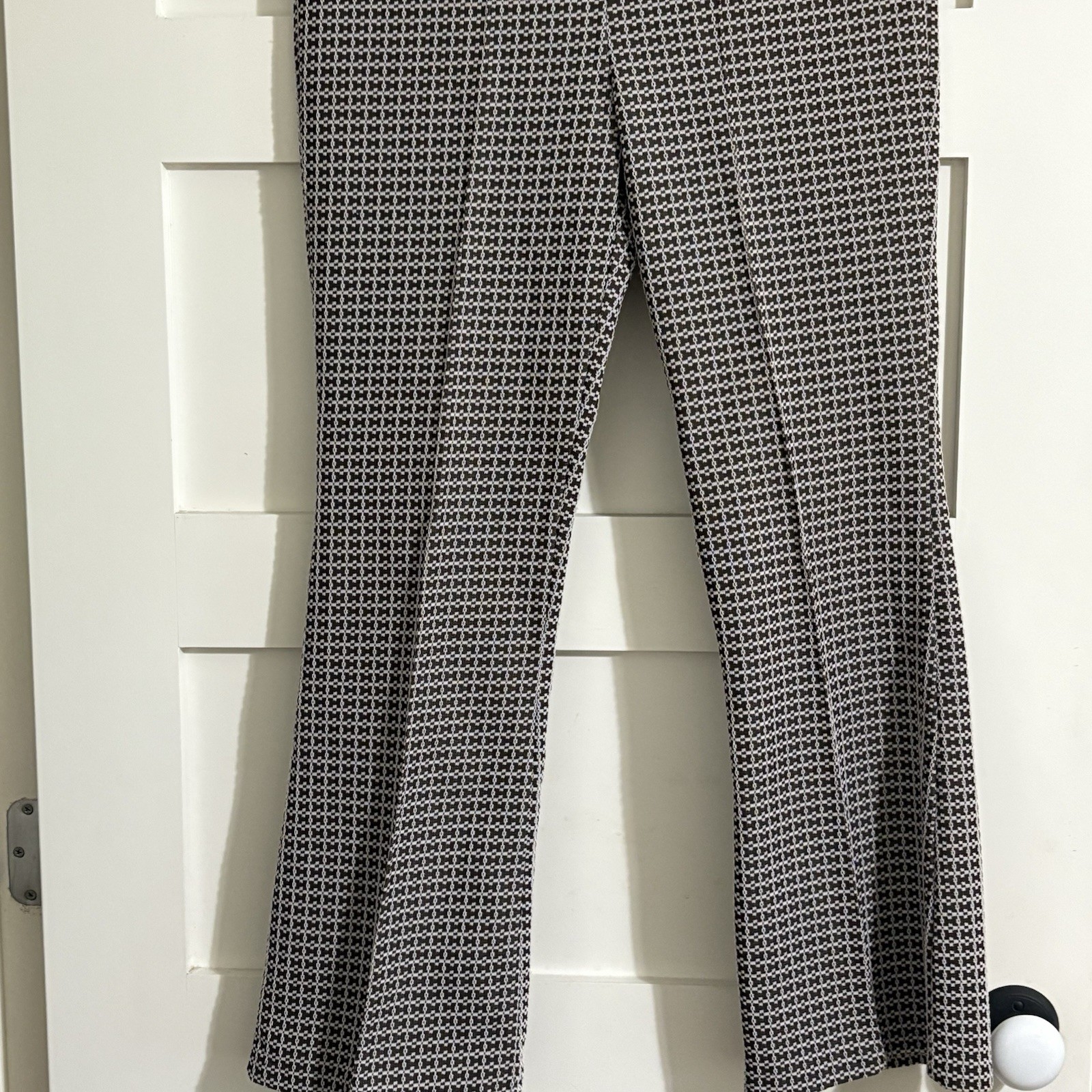 Vtg 70s Women Flared Dress Pants Brown White Houndstooth Dbl Knit Stretch Pullon