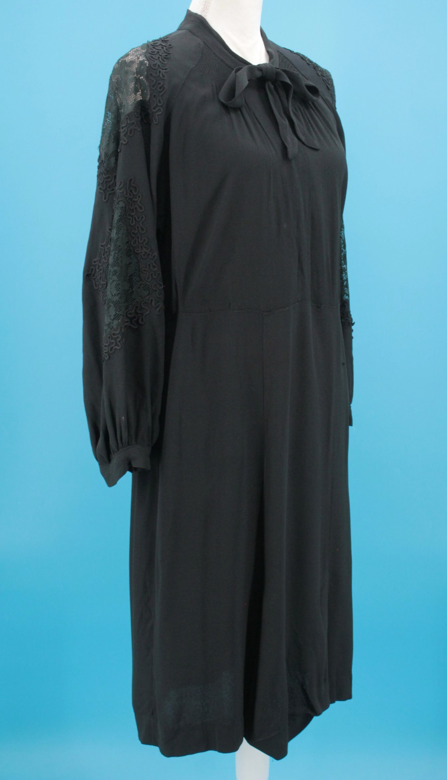 VTG Women’s 30s Black Drop Waist Dress W/ Lace Insert Sleeves Sz M/L 1930s