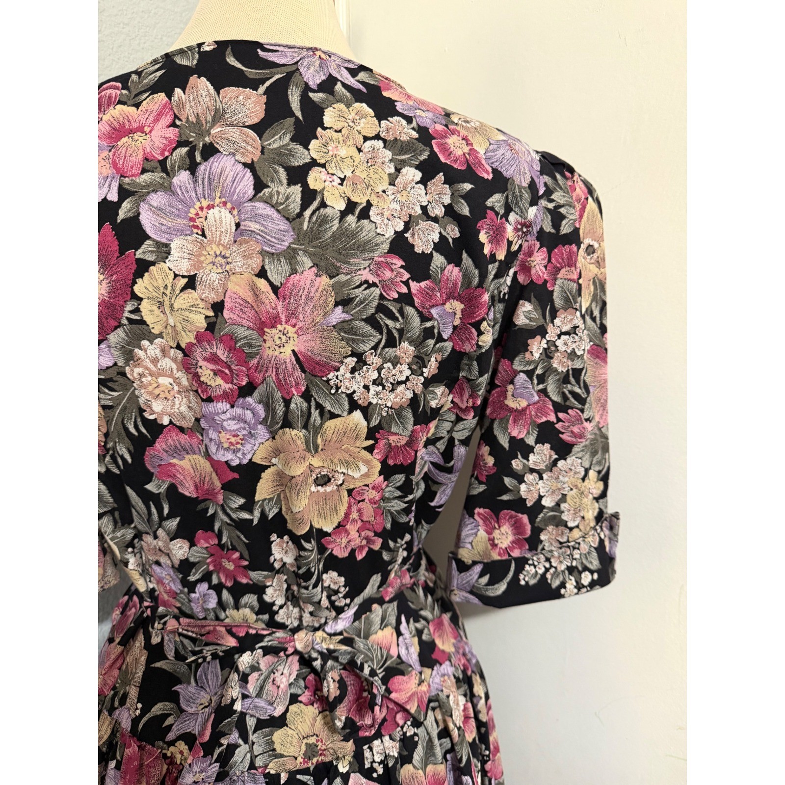 Miss Dorby Vintage 90s Floral Midi Dress L Black Purple Button Front USA Made