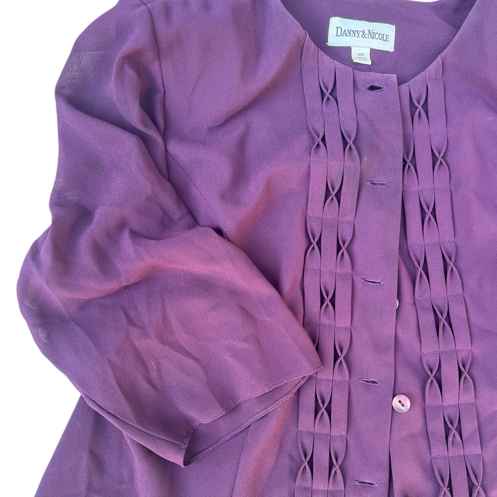 18W Danny & Nicole Womens Eggplant Sheer Button Blouse Pleated Vintage Plus Size