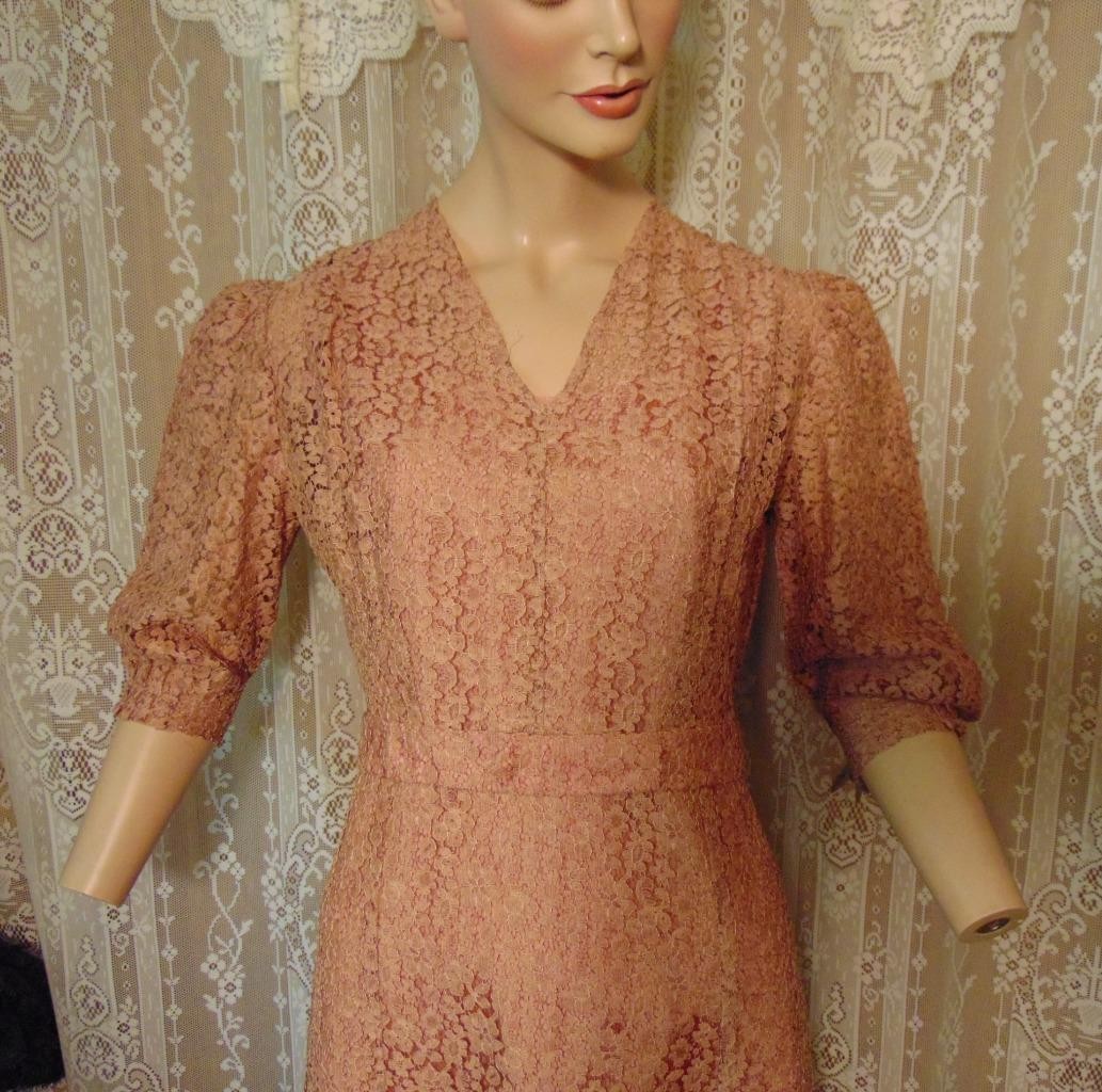 VTG 30s Peach Alencon Lace Puff Sleeve Dress & Matching Taffeta Slip 32W