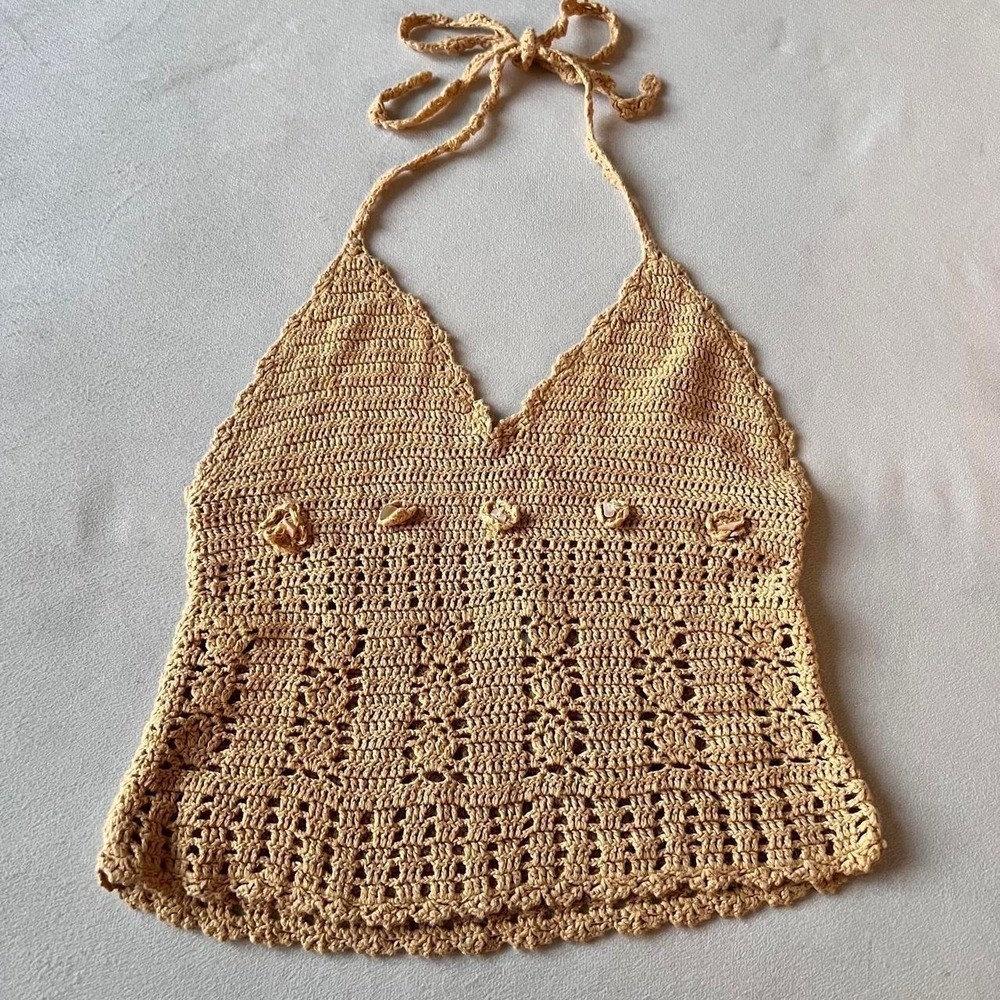 Anchor Blue crochet haltertop seashell button Y2K summer boho hippie vintage