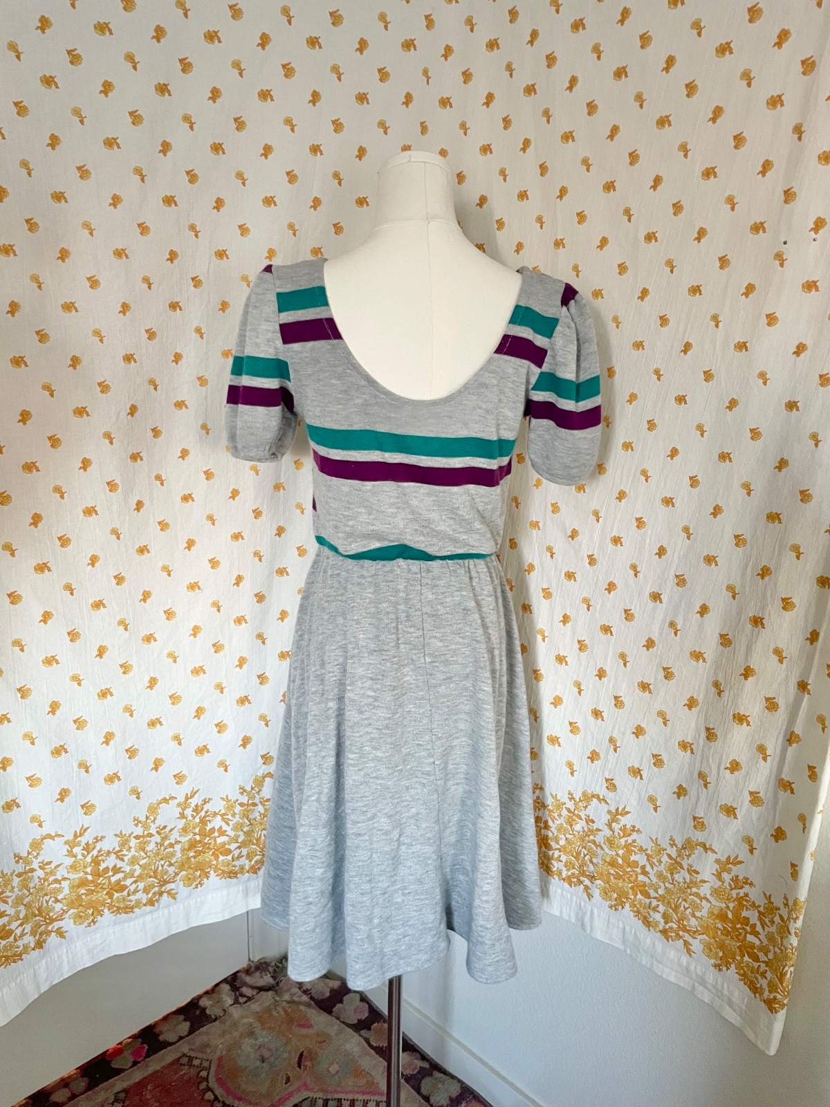 Vintage ILGWU 70s 80s Gray Striped Knit Dress Puff Sleeve Low Back Stretch Waist