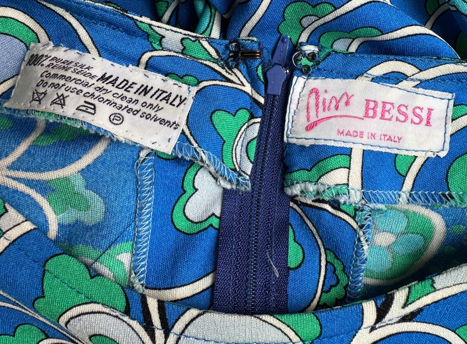 Averardo Bessi 1980s Geometric Floral Print Blue Green Silk Jersey Vintage Dress