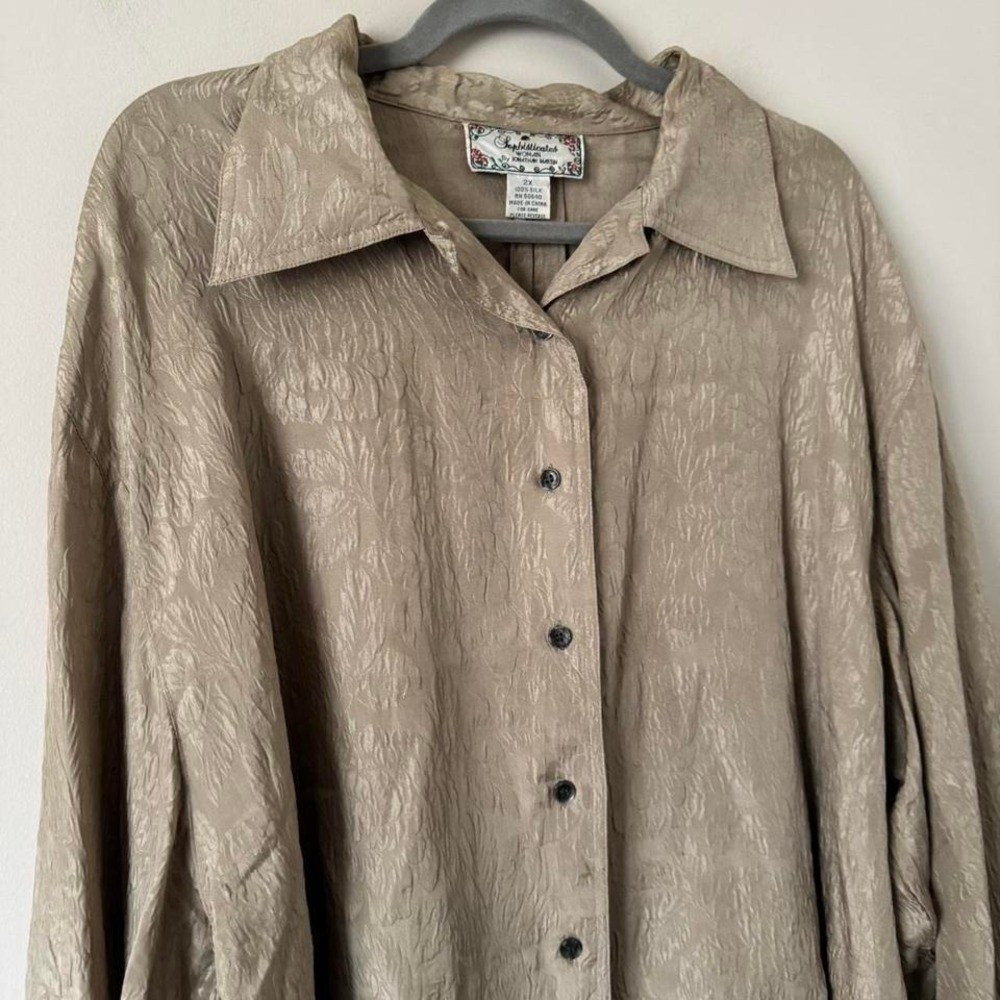 Vintage Taupe Silk Blouse 2XL flower button up brown tan
