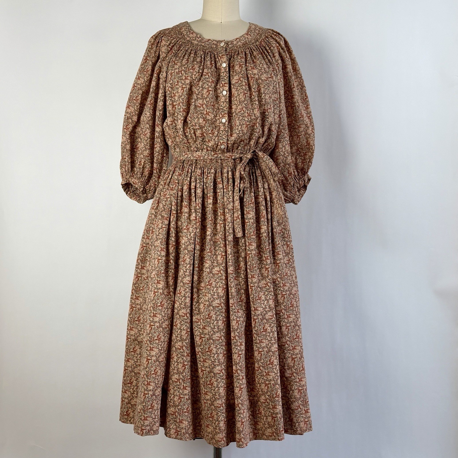 Vintage 70 Renata Paris Smocked Cotton Dress Neutral Floral S/M Made in France