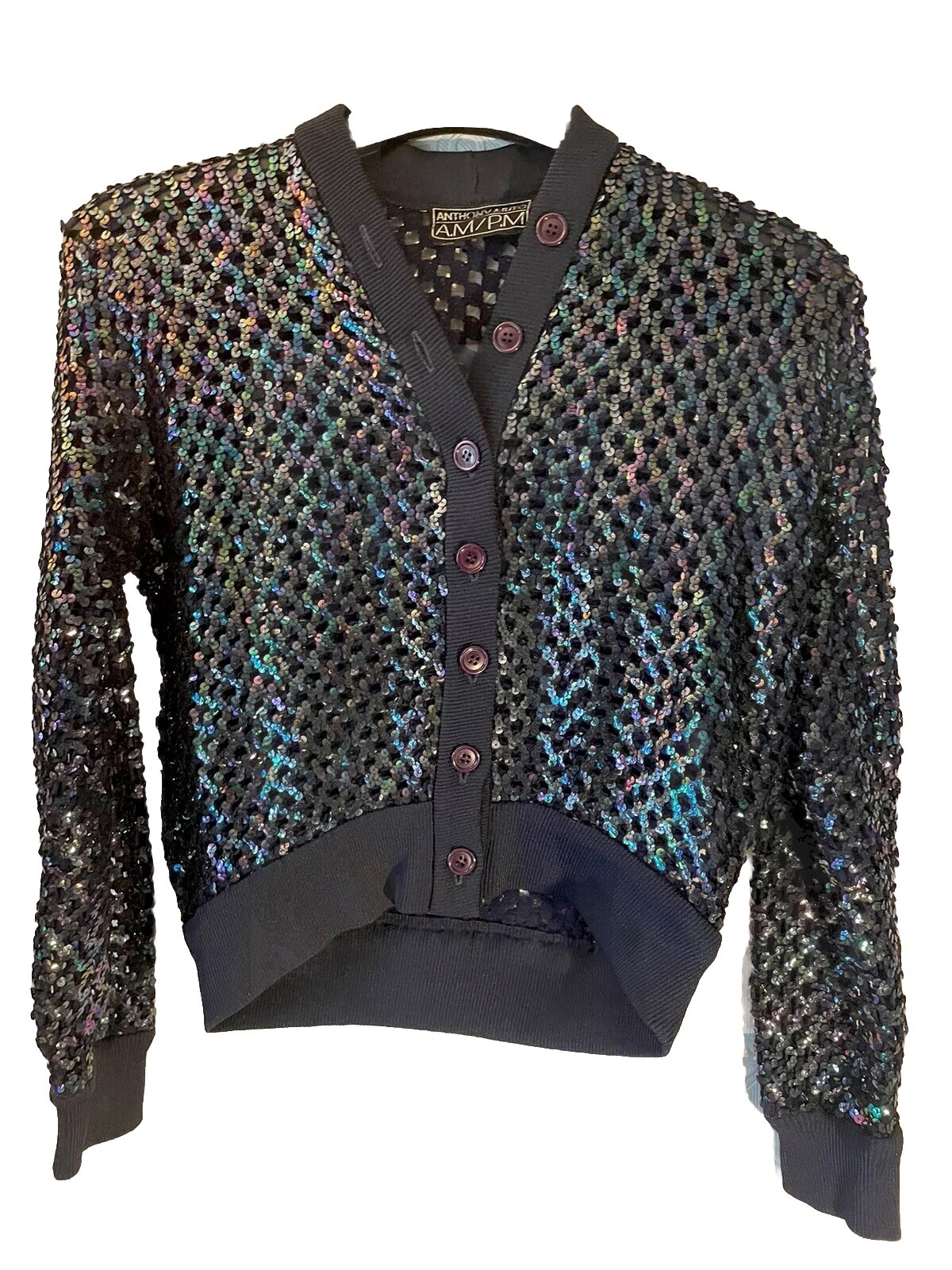 Anthony Muto AM/PM Multi-Sequined ~Sweater Shrug~Blue Button Front Size M/L VTG