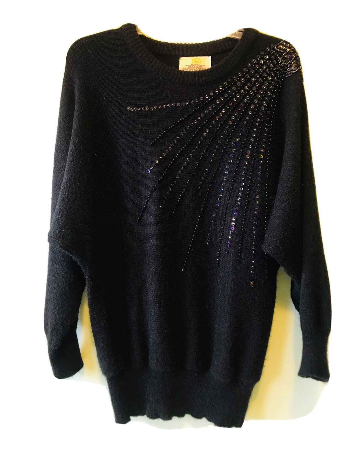 True Vintage 1980s Cyn Les Shirlee Designs Black Beaded Batwing Sweater Large
