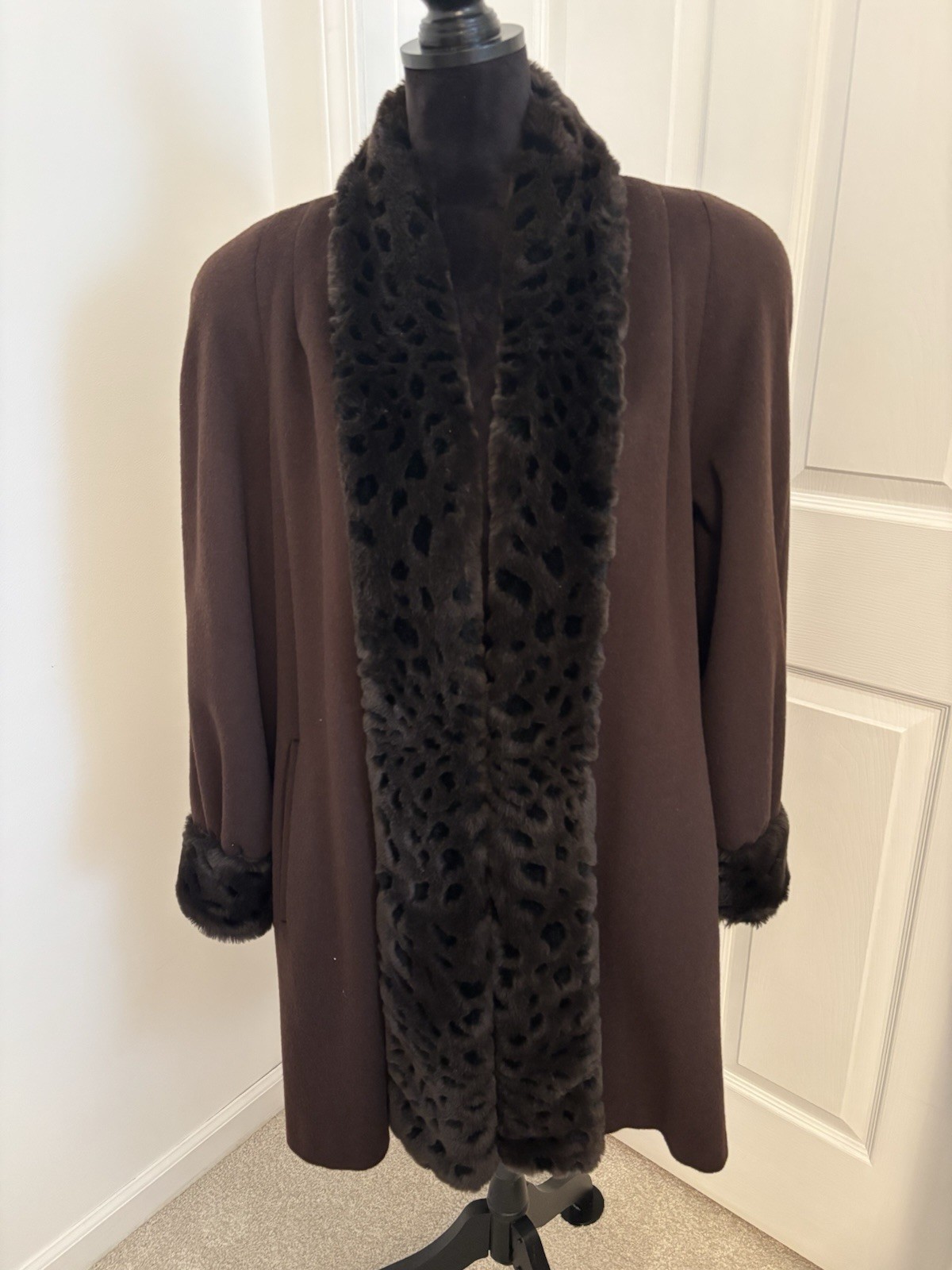 Vintage Alorna Faux Fur Trim Wool Penny Lane Coat Swing Brown Retro Old Money S