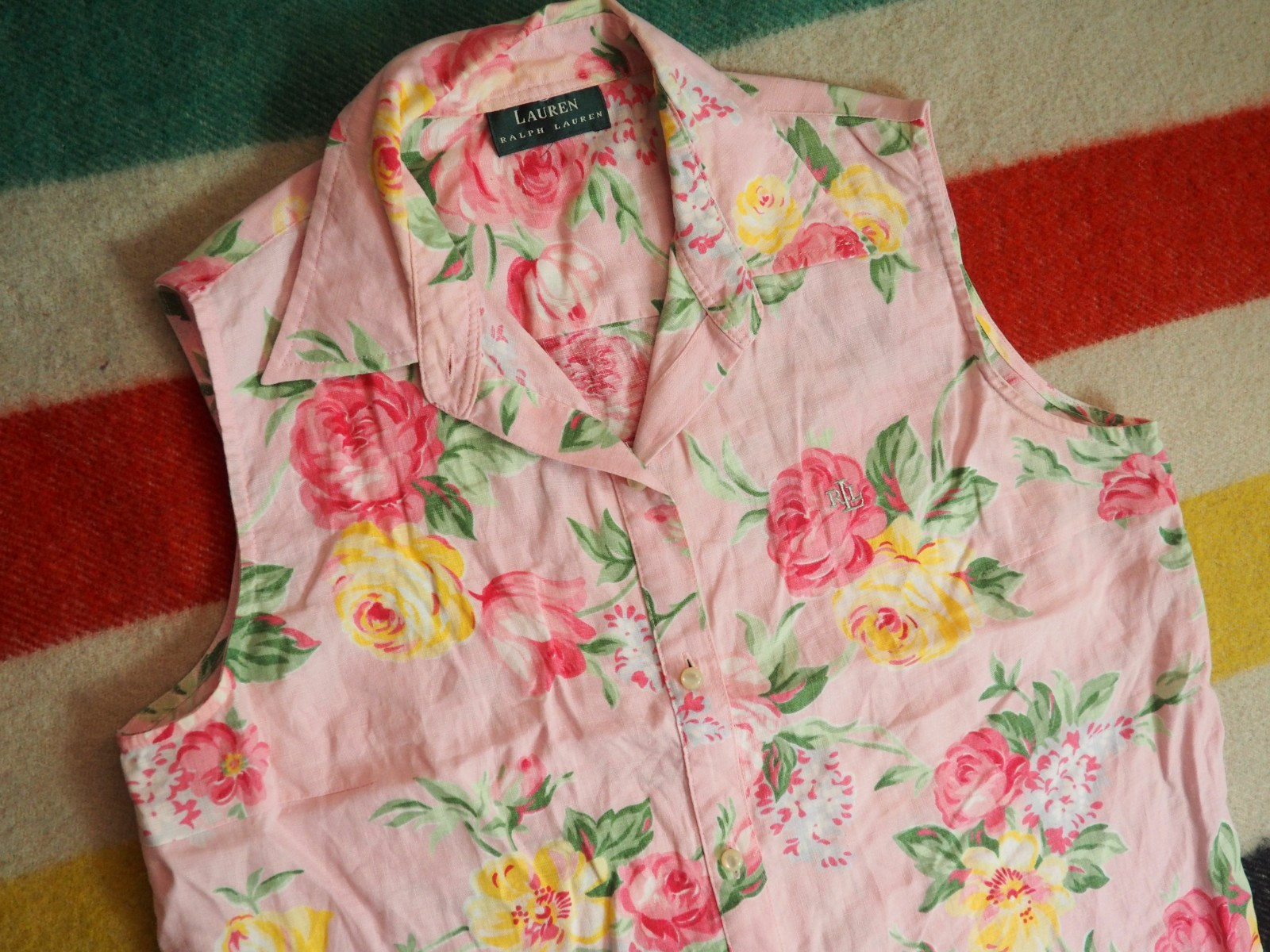 VTG Y2k 2000s Lauren Ralph LRL Linen Floral Summer Boho Tie Button Shirt Women L