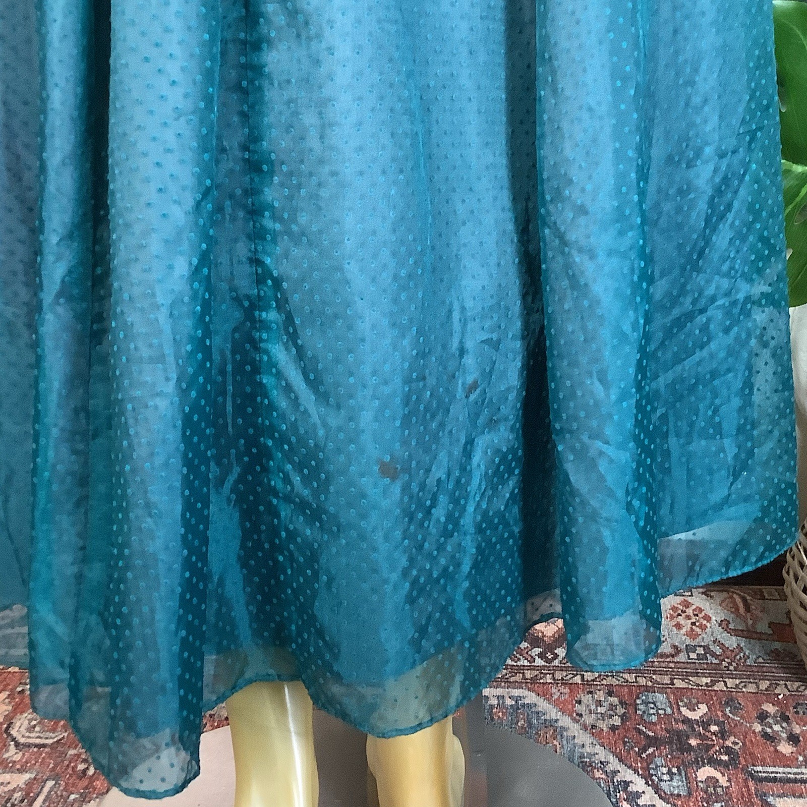Vtg 1980s Gunne Sax Teal Swiss Dot Strapless Tea Length Semi-Formal Dress