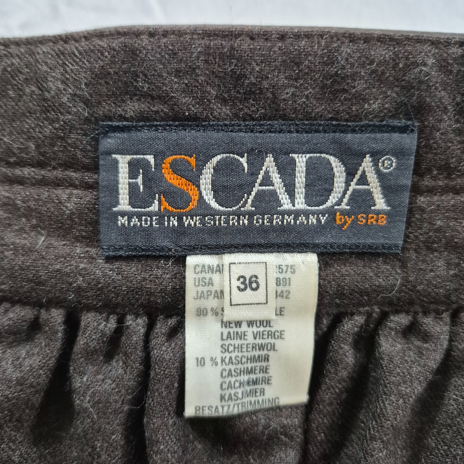 Vintage ESCADA Skirt Made in West Germany Wool Cashmere Leather Brown Midi S