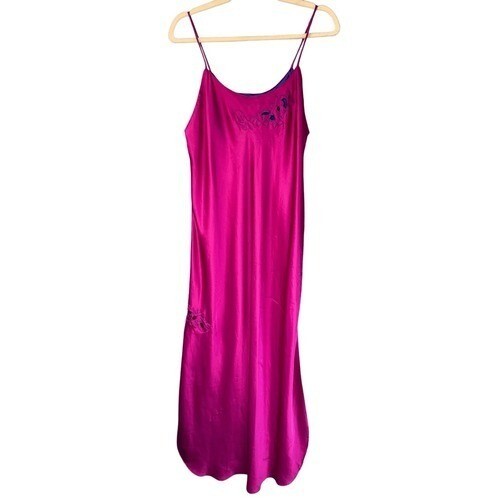 T10 Vintage Ms. B. Fuchsia Pink Purple Embroidered Slip Dress 80s 90s Large 57″
