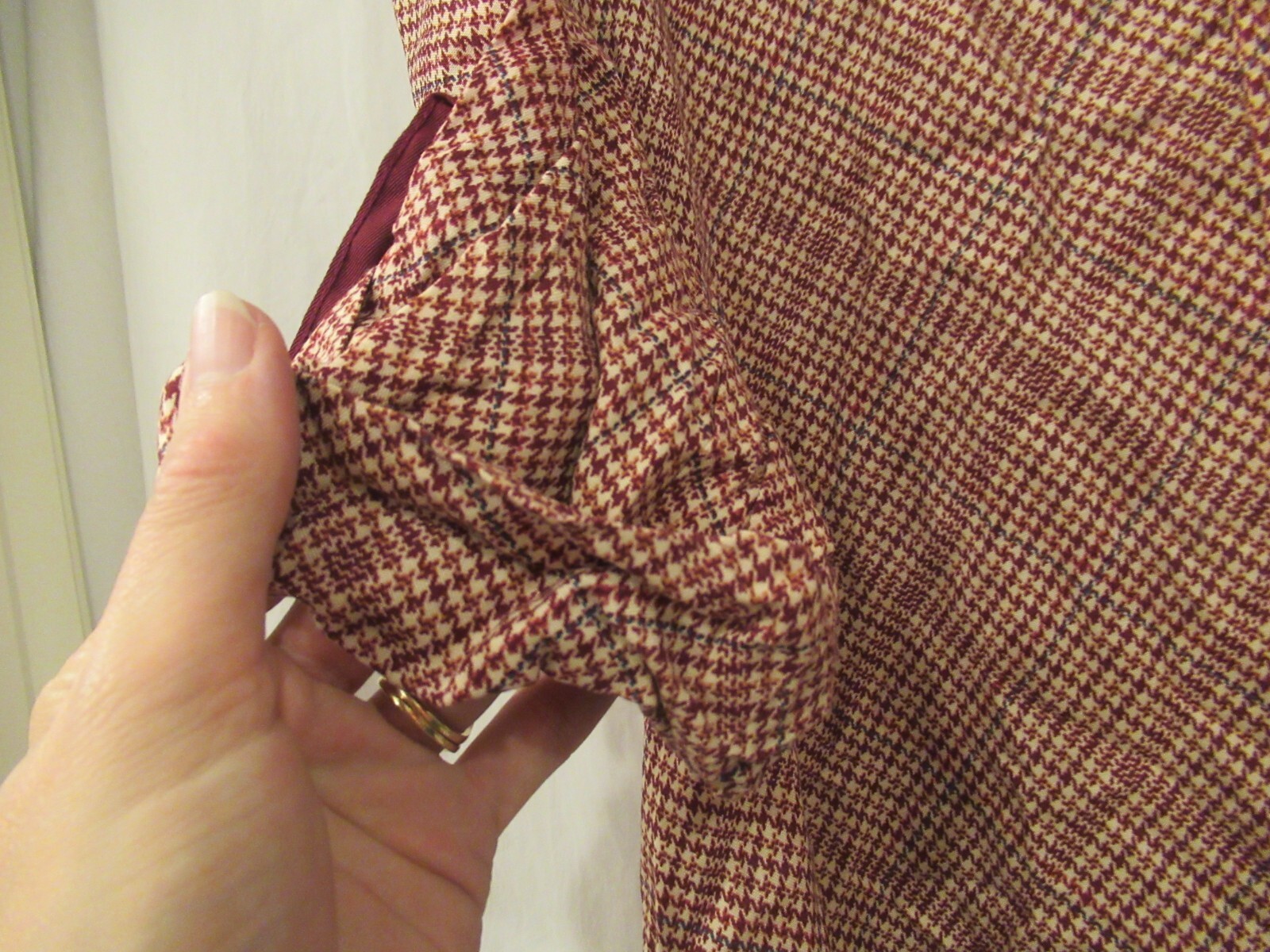 Joseph Magnin brown houndstooth plaid dress, unlined, sz. 5, 30″ chest
