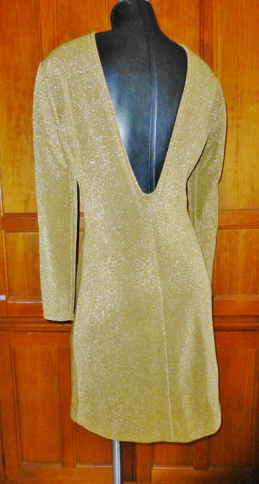 RaRe VTG 60s 70s RUDI GERNREICH Designer Gold Metallic Knit Deep V Back DRESS 12