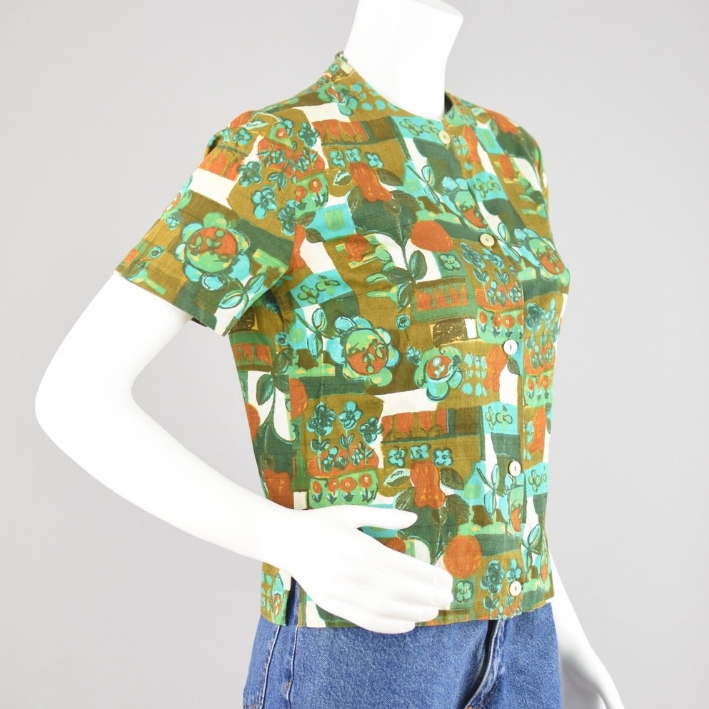 Vintage Modern Floral Button Down Blouse, Made in Germany, Women’s XS – Small