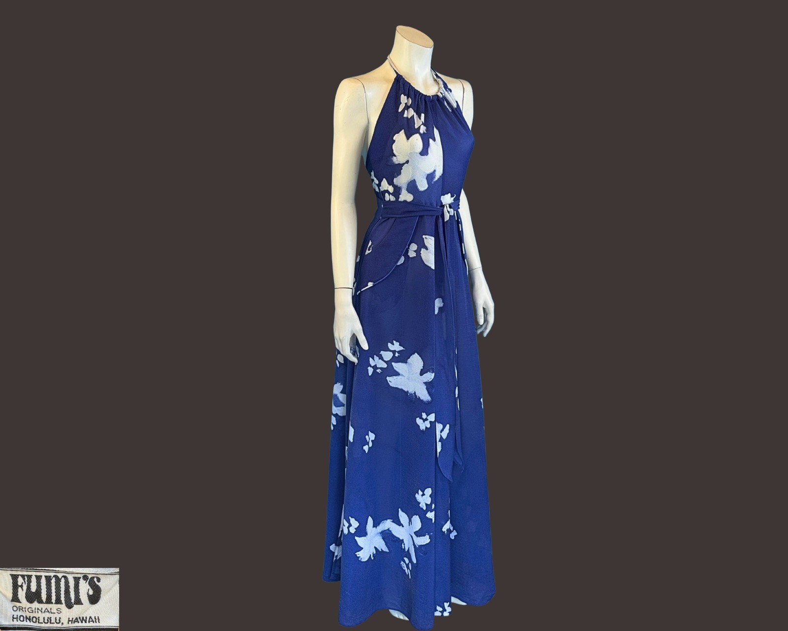 Vintage 1970s FUMI’S Hawaii Blue Floral Halter Maxi Dress | XS S M