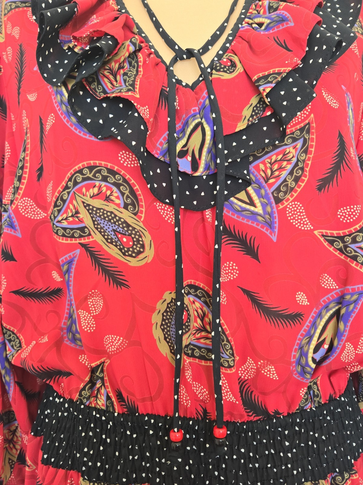 Assorti for Susan Freis M Vintage Midi Dress Ruffle Collar paisley Print red blk