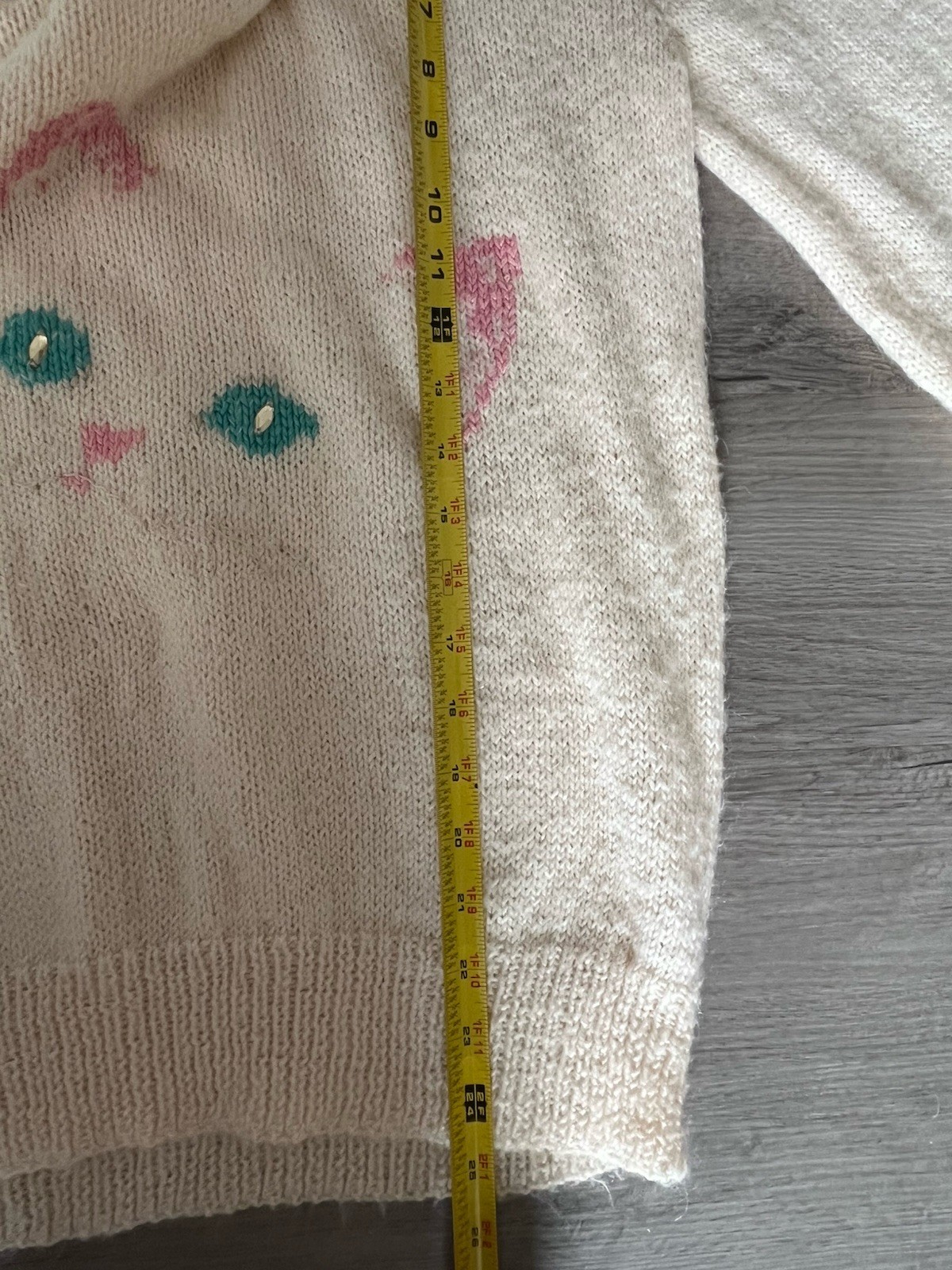 Vtg 80s Mohair Blend Knit Cat Sweater Cream Pink Teal Puffy Sleeve Kawaii Sz L
