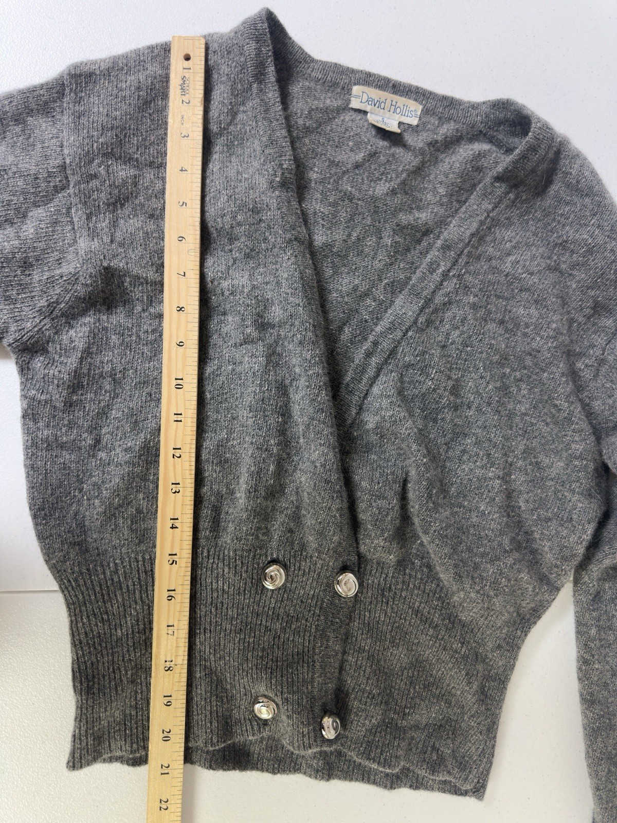 Vtg David Hollis Gray 70%lambswool 20%Angora Cable Rib Knit Cardigan Size S