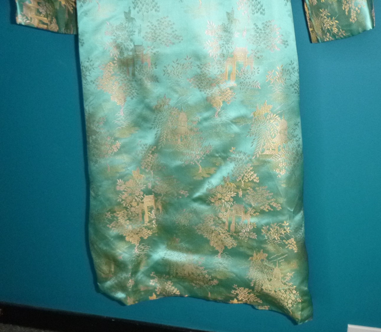 Vtg 40s 50s Aqua & Gold Satin Brocade Robe Dressing Gown Asian Motif Sz S/M