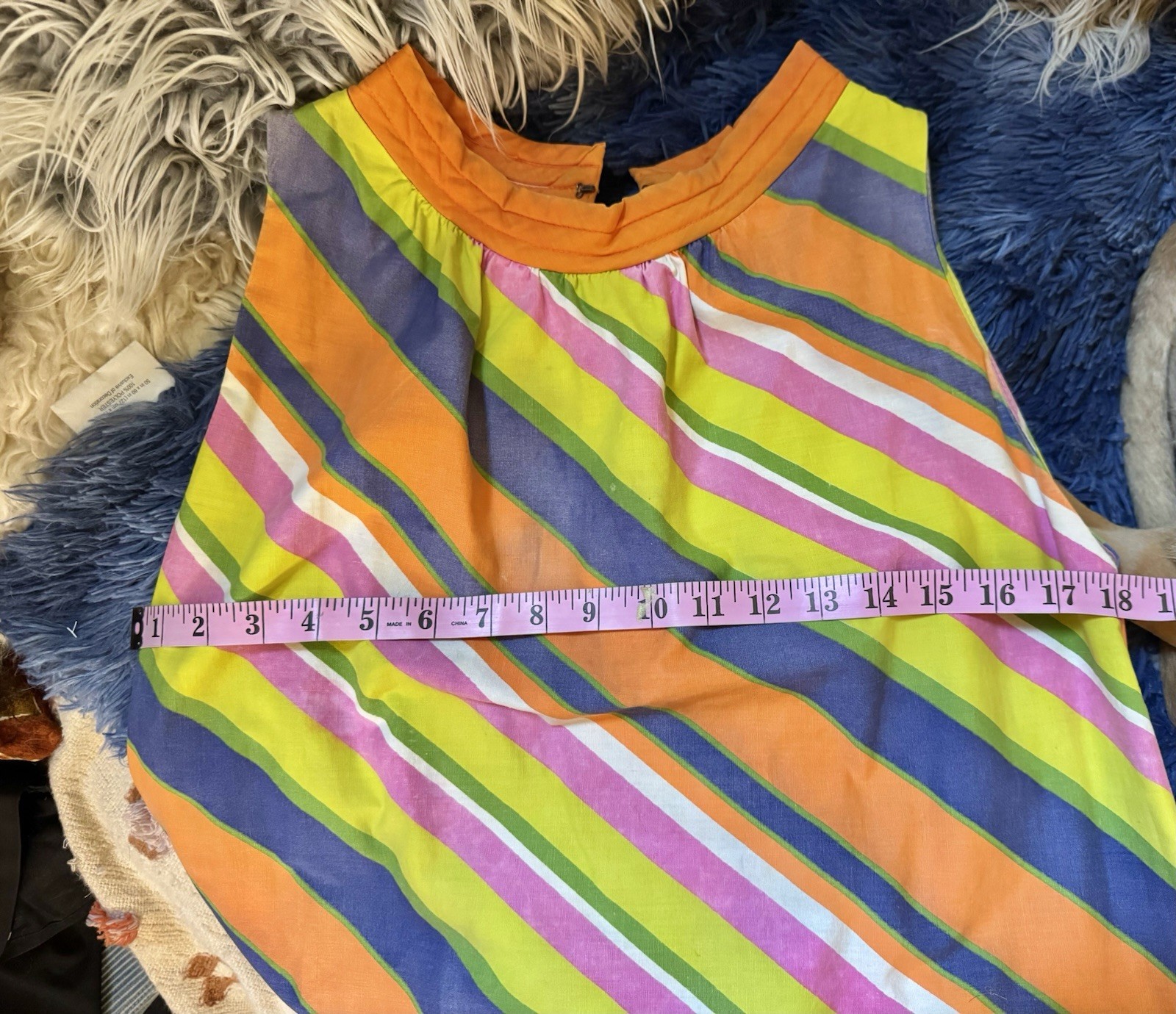 Vtg Stripe Tent A Line 60s Dress Quilted Collar Pocket Cotton XS S