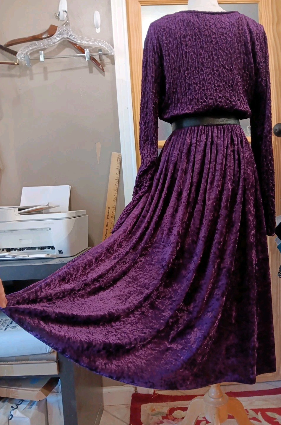 Vtg Western Dress 80s Velvet Purple Full CIRCLE T Swing Sz M Belt Amazing Midi