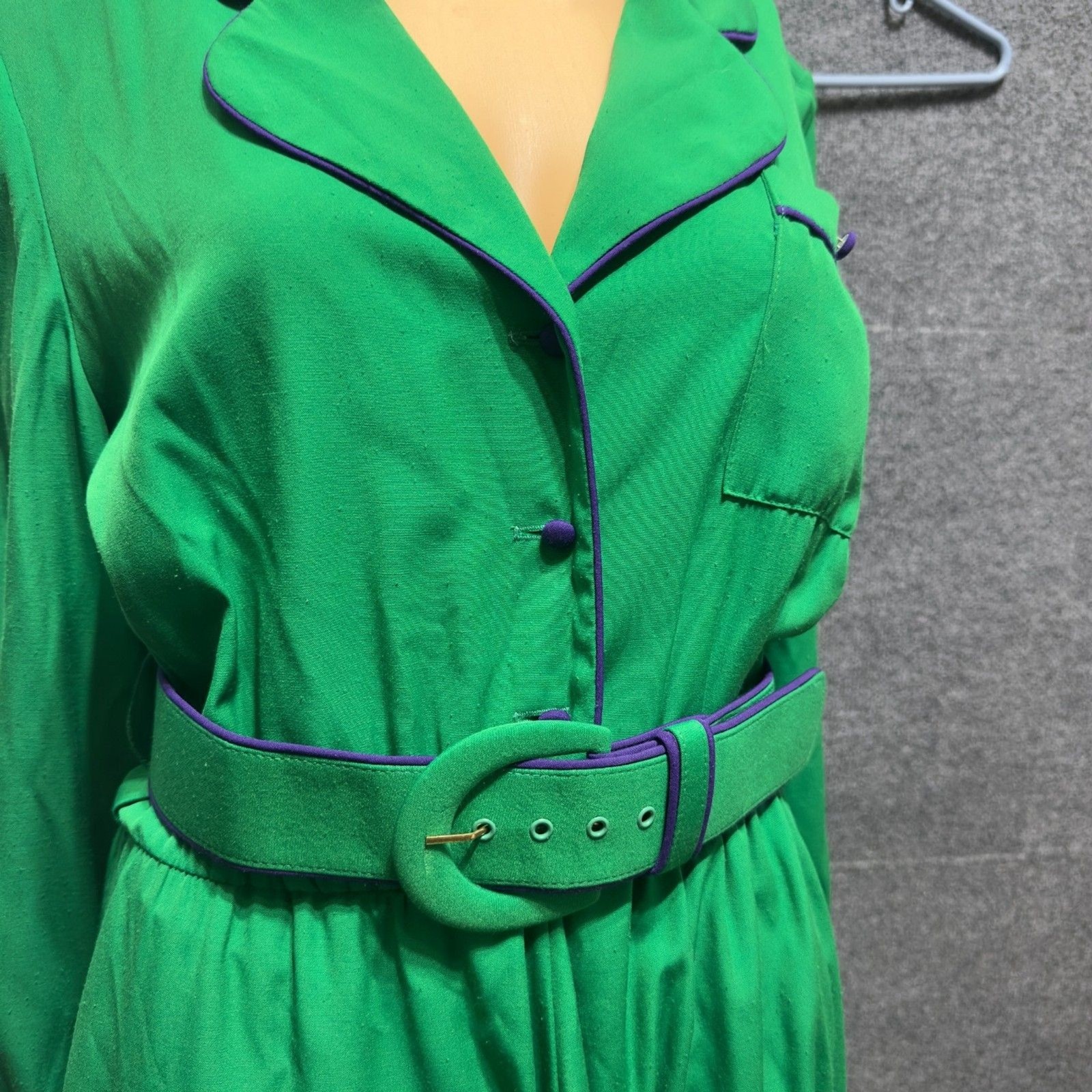 Vintage Lindsay Scott Green Midi Dress Belted Blue Trim S/M