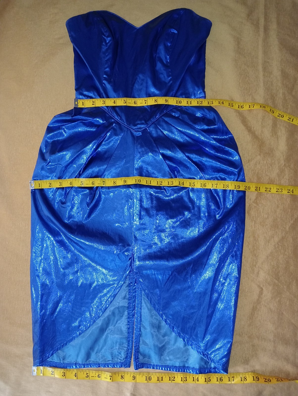 Vtg 80s Couture L.A. GLO dress metallic blue strapless bodycon peplum boning