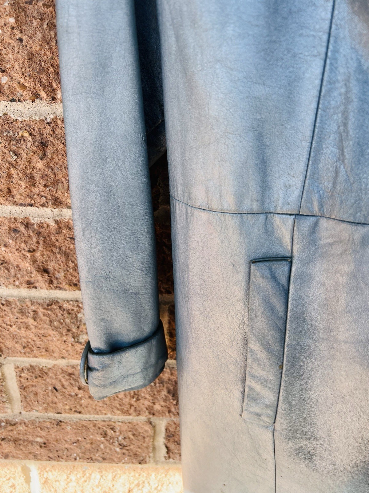 Vintage Shiny Blue Leather Coat w/ Fur Collar – No Lining or Brand, Still Sweet
