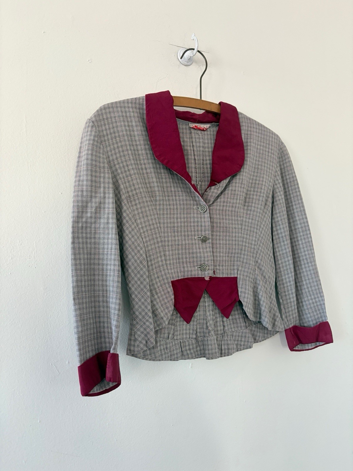 1940s Plaid Rayon Structured Peplum Jacket/Bodice Top W/ Contrast Faille Trim S