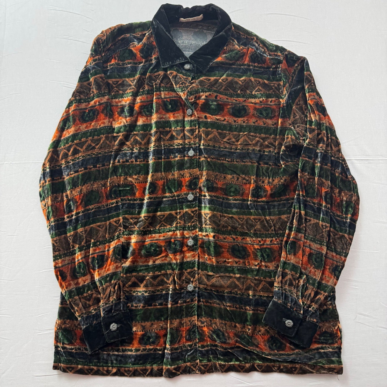 Gotcha Covered Vintage Velvet Burnout Shirt Southwestern Geometric Green Orange