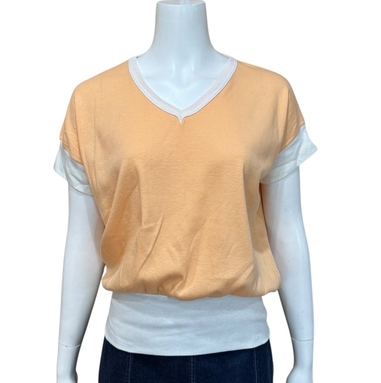 VTG 1970s Retro Pullover Top Peach White V Neck size Large