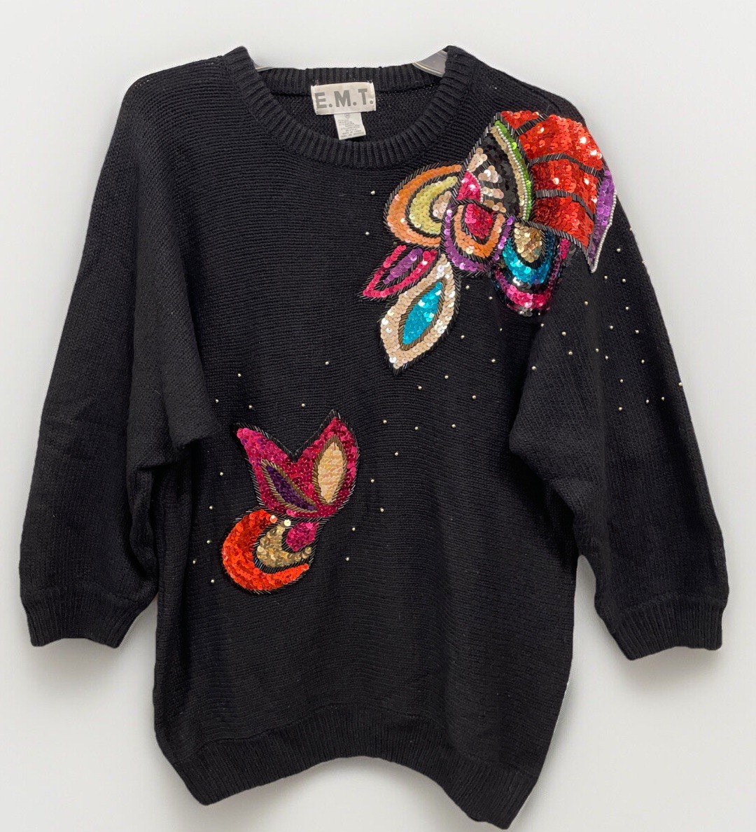 E.M.T. Vintage Silk Angora Wool Blend Women’s Size Medium Butterfly Sequin Top