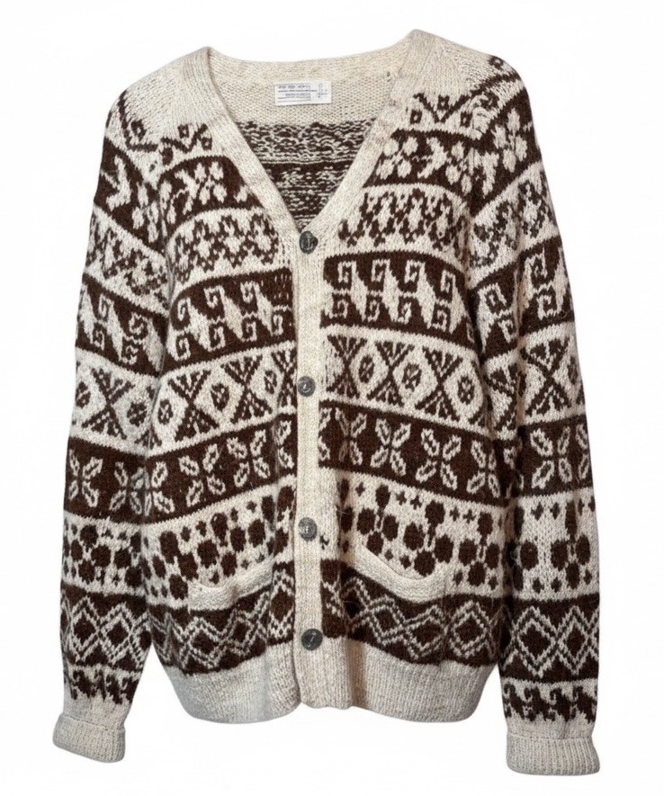Vintage 70s Alpaca Wool Cardigan Sweater Med/Large Cream Brown Bolivia Granny